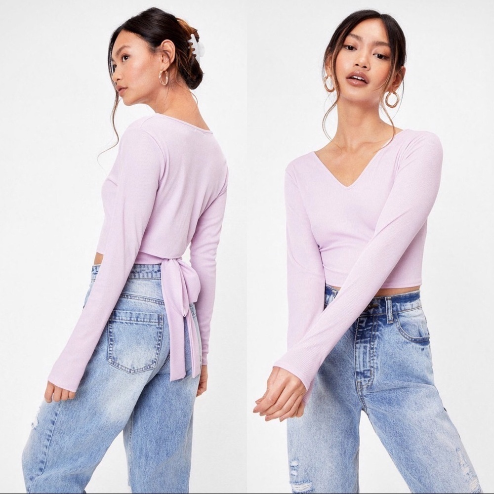 Nasty Gal | Petite Ribbed Tie Back Crop Top in Lilac